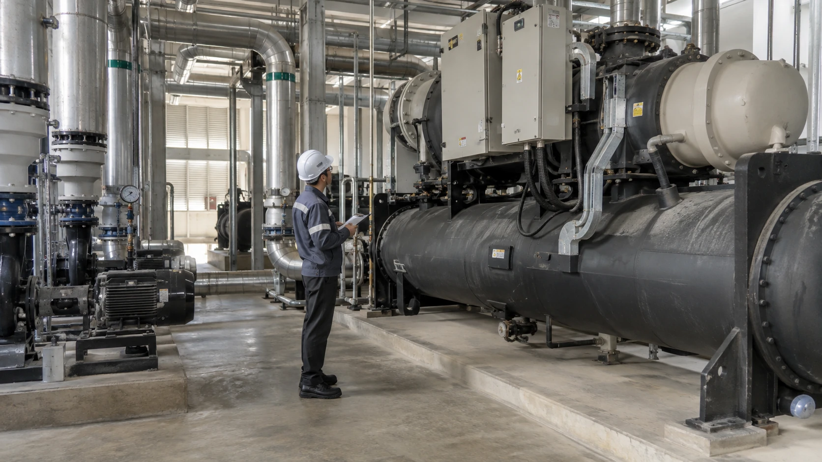 ภาพประกอบจำลอง: วิศวกรตรวจข้อมูลการทำงานในห้องเครื่อง Chiller ภาพประกอบจำลอง: วิศวกรตรวจข้อมูลการทำงานในห้องเครื่อง Chiller