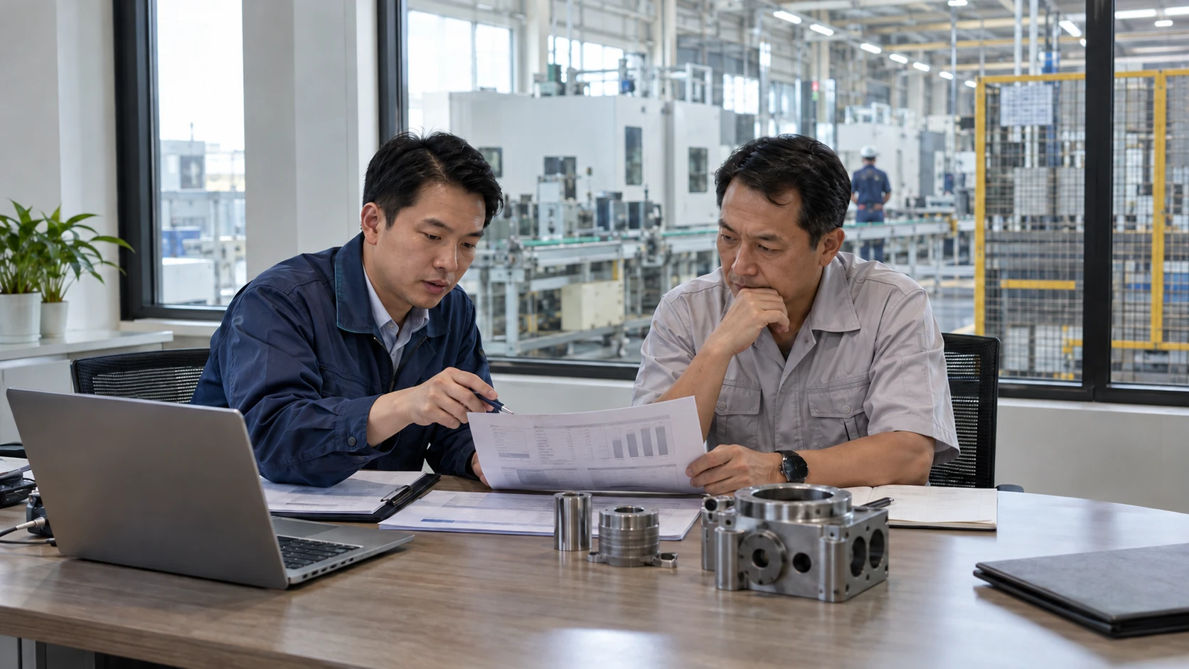 วิศวกรฝ่ายขายและผู้จัดการโรงงานทบทวนข้อมูลต้นทุนที่โต๊ะประชุม