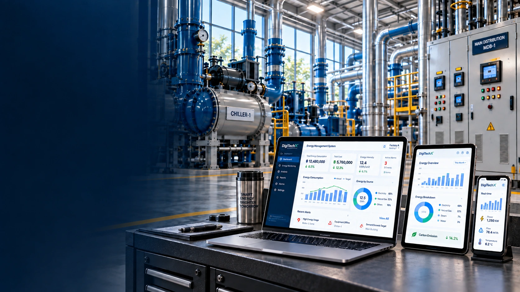 Energy management dashboards on laptop, tablet and phone in an industrial utility room