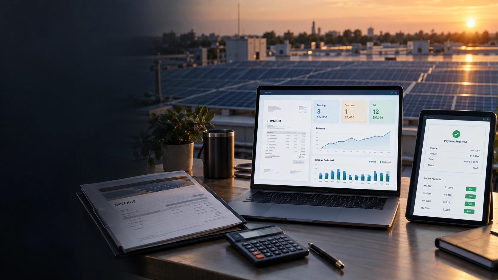 Solar PPA billing dashboard showing invoices and payments