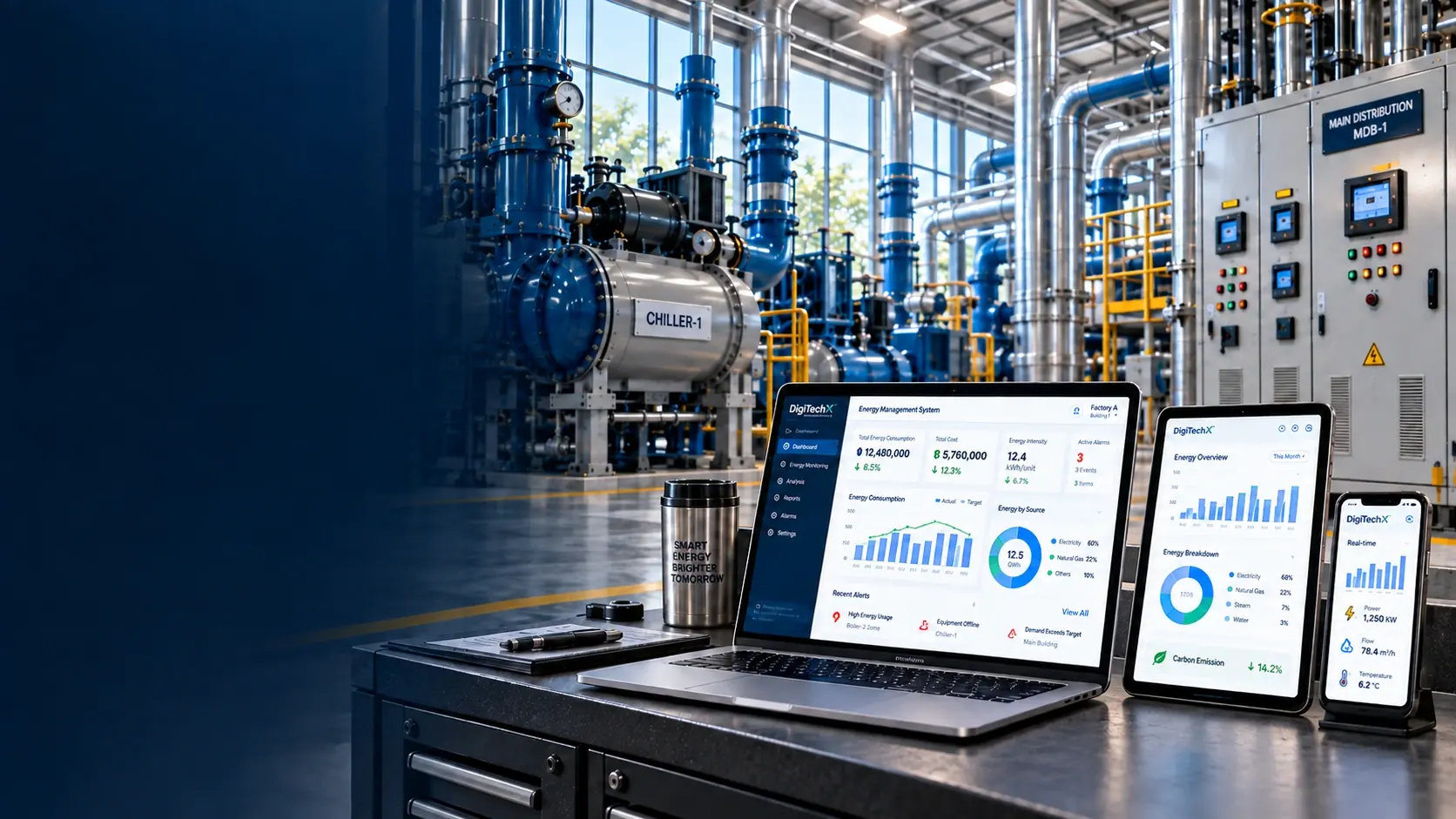 Energy management dashboards on laptop, tablet and phone in an industrial utility room