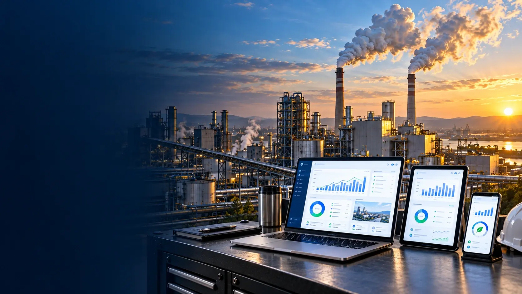 Industrial emissions and carbon management dashboards on laptop, tablet and phone