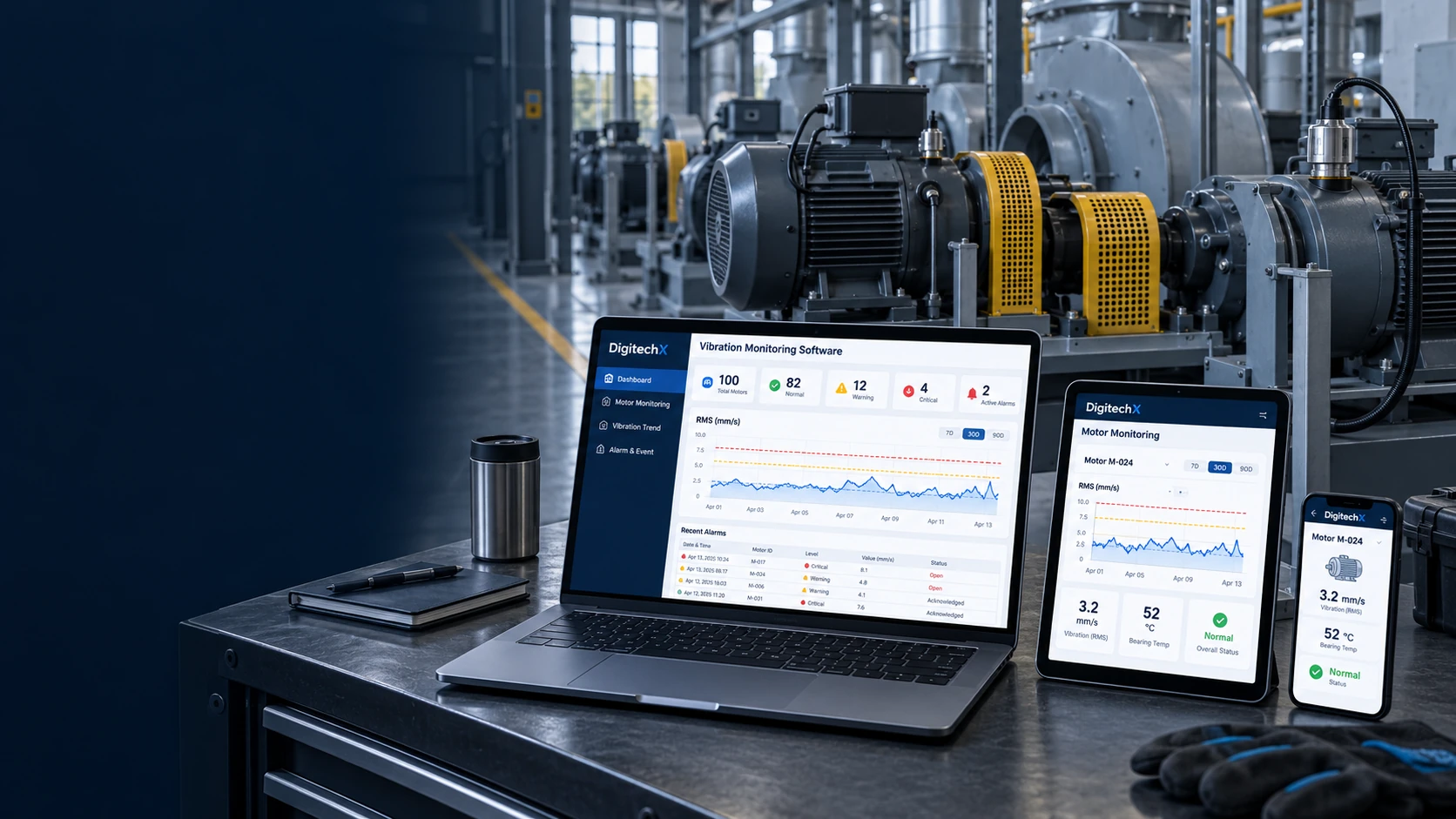 ภาพประกอบใหม่ของมอเตอร์ขับพัดลมอุตสาหกรรมและหน้าจอ Vibration Monitoring Software บนโน้ตบุ๊ก แท็บเล็ต และมือถือ